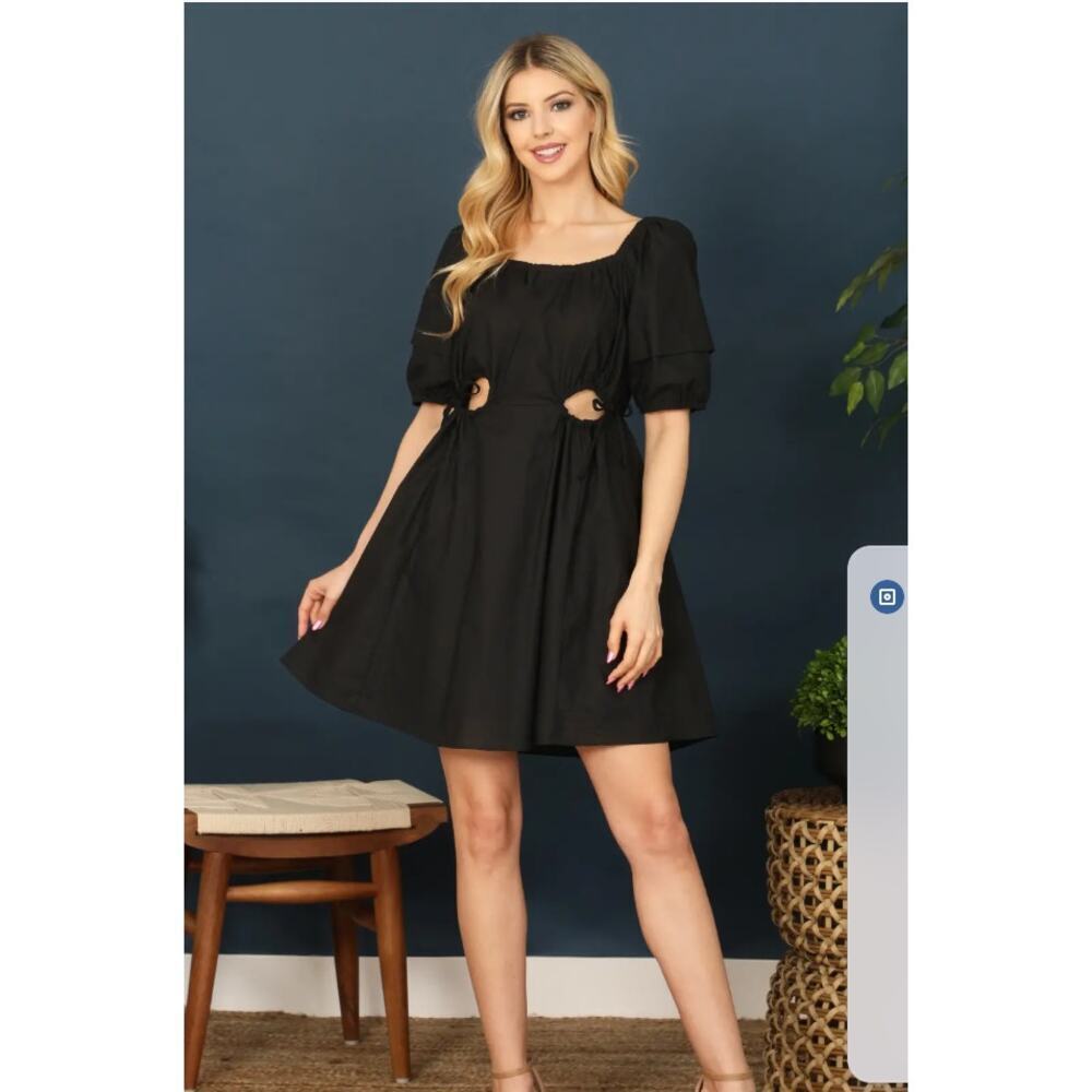 Black Cutout Mini Dress Tie Waist Puff Sleeve